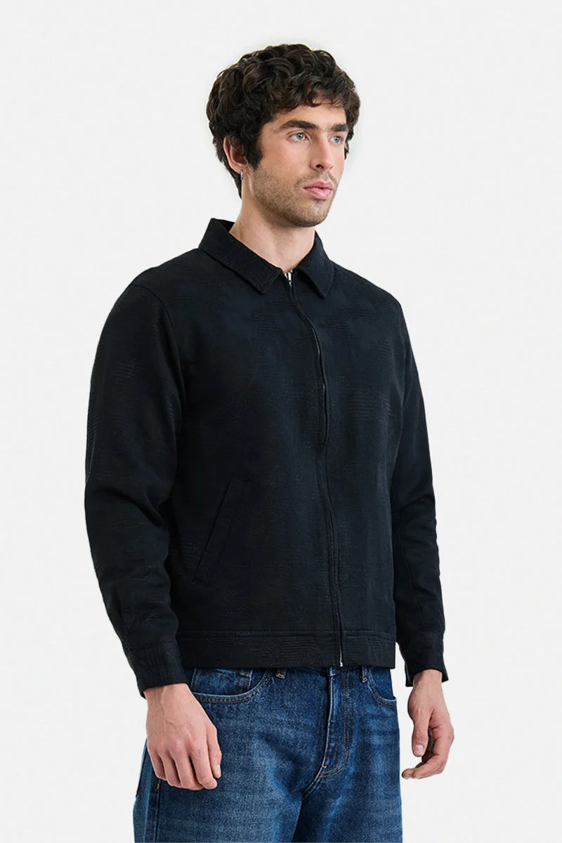 Snitch Black Zipper Lapel Collar Regular Fit Textured Jacket for Men | Best Price UAE